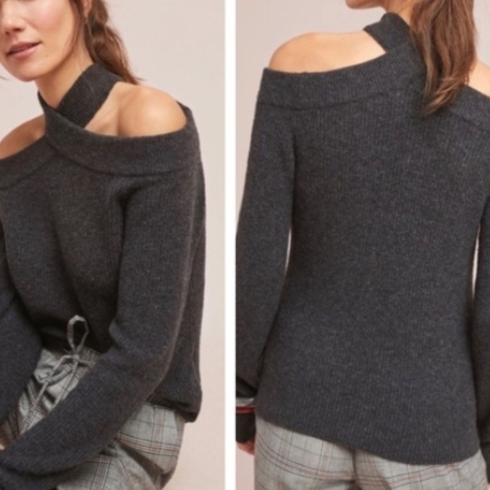 1. State Dark Grey Fitted Criss Cross Cold Shoulder Knit Sweater